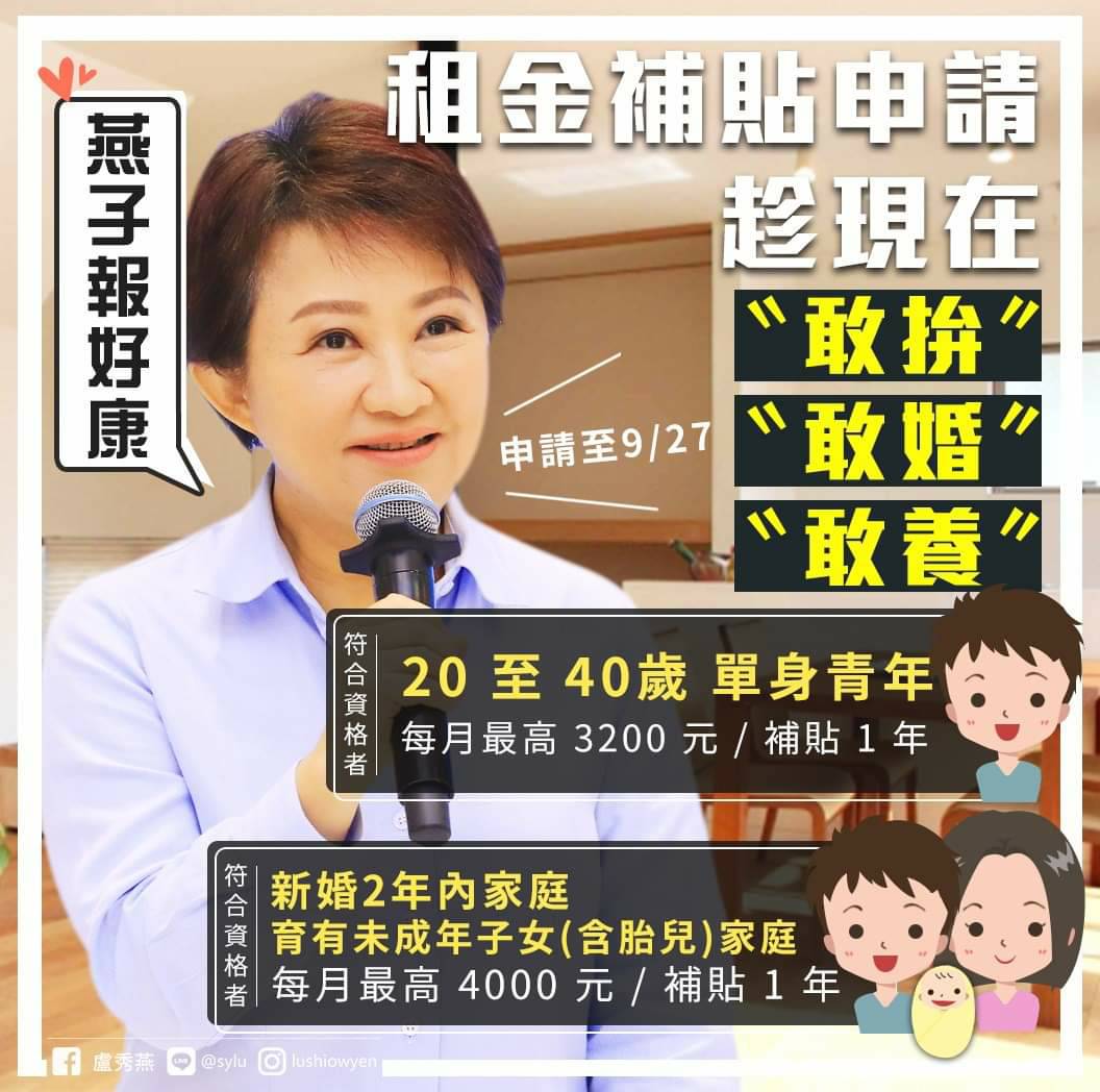 ▲市長盧秀燕在臉書宣傳，「搭配中央政策，台中市政府讓它更好！」減輕民眾租房負擔。 (圖／柳榮俊翻攝2019.9.4)