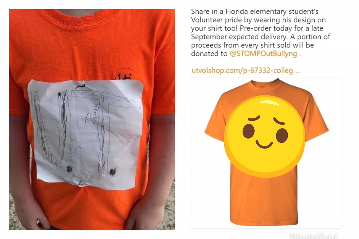 ▲日前美國傳出一名小學生因手繪衣服圖案被同學取笑，此舉引來田納西州大學關注，而親自將小學生所繪的圖案做成真正的衣服。（合成圖／取自 Nick Beres NC5 臉書、 UTVolShop 推特）