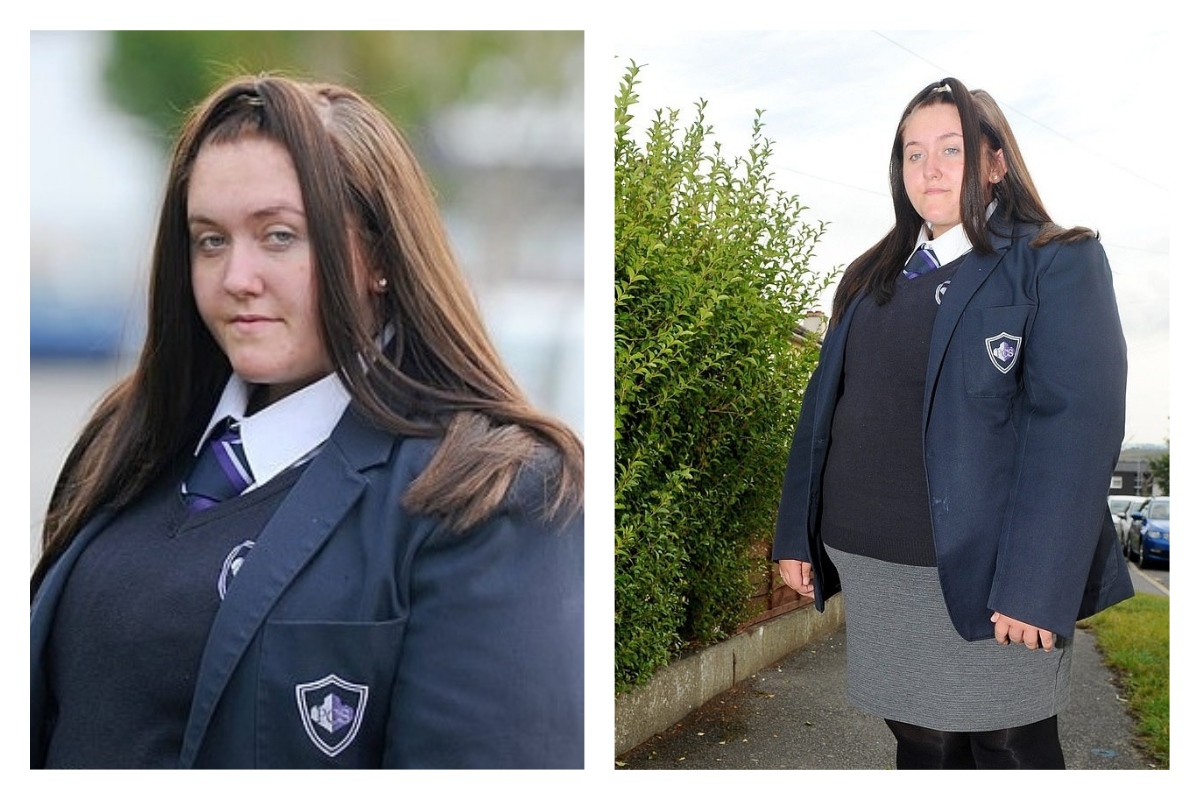 ▲一名英國 14 歲女學生因體型碩大，穿不下學校制服裙，被要求在家自學，或是到學校單獨學習不能進教室。（圖／翻攝自每日郵報）