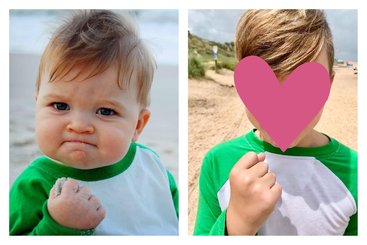 ▲ 12 年前一張無心的照片，竟變成全球瘋傳的經典梗圖。（合成圖／翻攝自 Sam Griner, Success Kid 臉書）