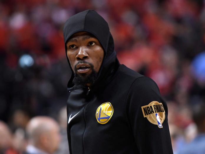 Golden State Warriors forward Kevin Durant warms up before Game 5 of the NBA Finals against the Toronto Raptors in Toronto, Monday, June 10, 2019. (Frank Gunn/The Canadian Press via AP)