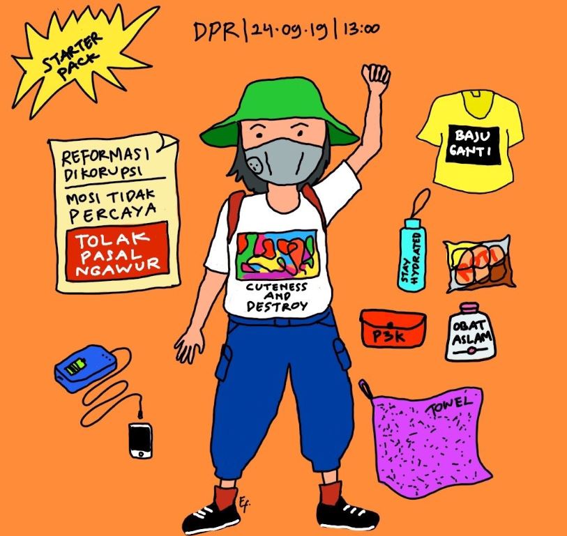 參與繪製宣傳圖的伊芙(Efi)，製作了一連串畫風可愛的懶人包，告訴上街的學生們應該穿著和準備什麼。（圖／翻攝自推特）