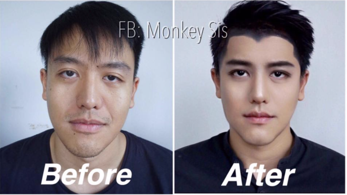 一名泰國男性路人經過化妝後，變成了泰國當紅男星Nine Naphat (圖翻攝自臉書Monkey sis）
