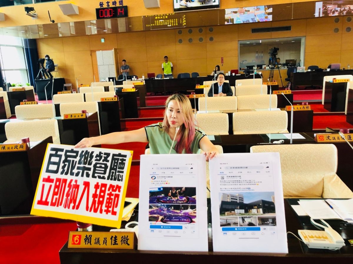 ▲議員賴佳微表示，這些主題式餐廳運用金錢換籌碼的方式遊走法律漏洞，台中如雨後春筍般一家接著一家成立。遊走法律邊緣形式的犯罪模式居然卻無法可管。 (圖／柳榮俊攝2019.9.27)