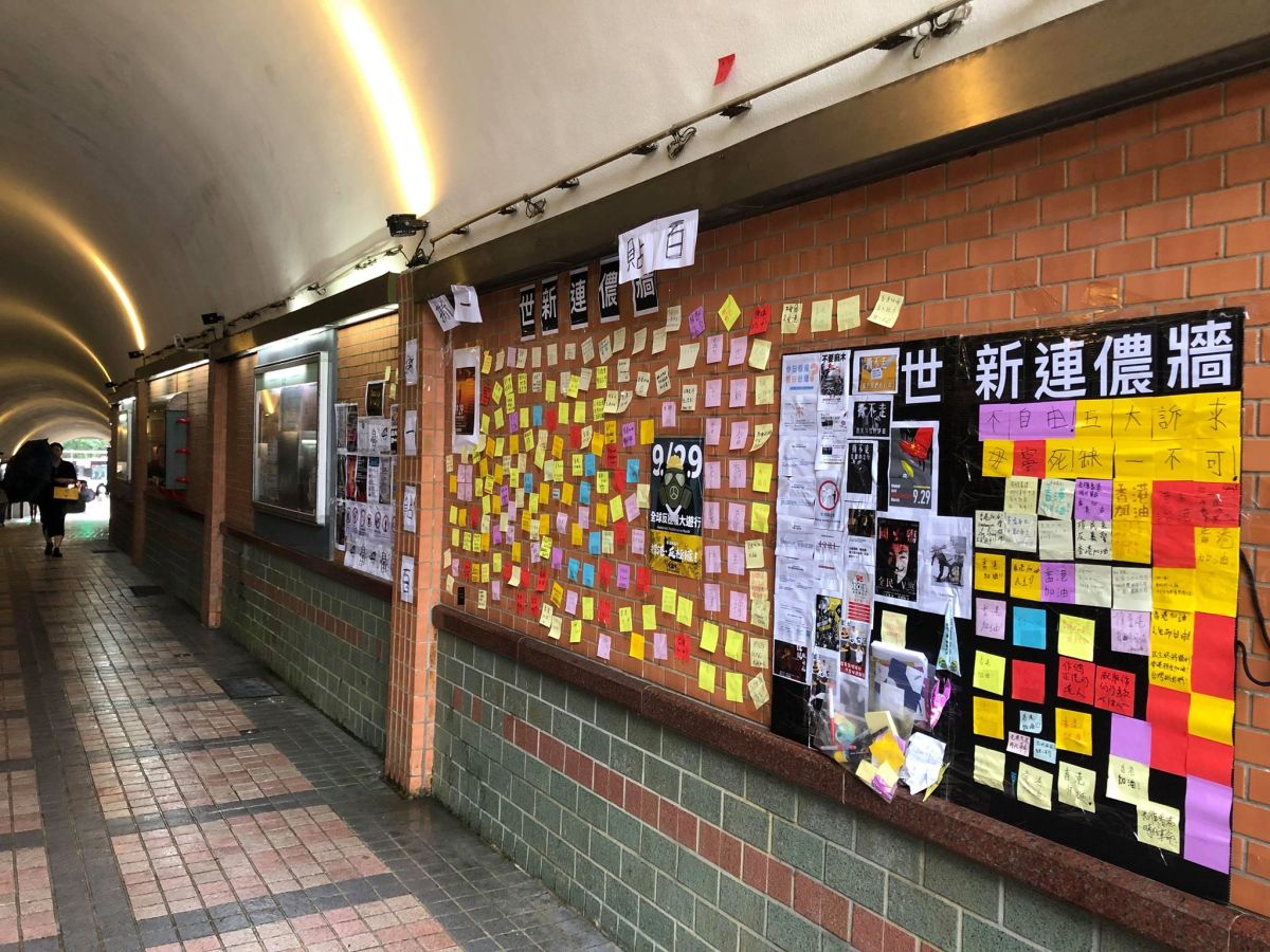 ▲今（27）日上午在世新大學也出現連儂牆，學生紛紛貼上標語表達對香港的支持與看重，然而現在校方卻要求撤下。（圖／姜同學提供）