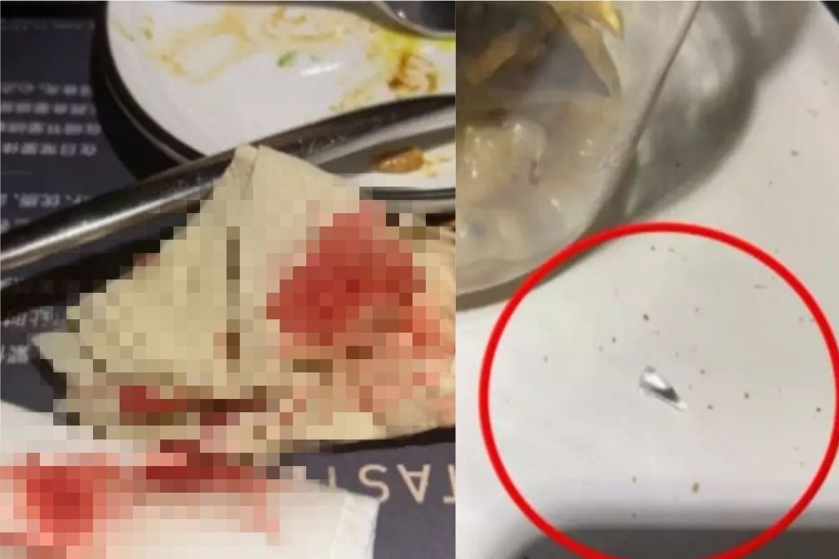 ▲一名女子喝飲料時吸到玻璃碎片，舌頭劃傷、滿口鮮血。（合成圖／翻攝自廣東電視台）