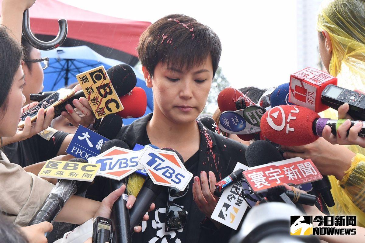 ▲港星何韻詩參加台人撐港大遊行時遭統促黨成員潑漆。（圖／記者林柏年攝 2019.09.29）