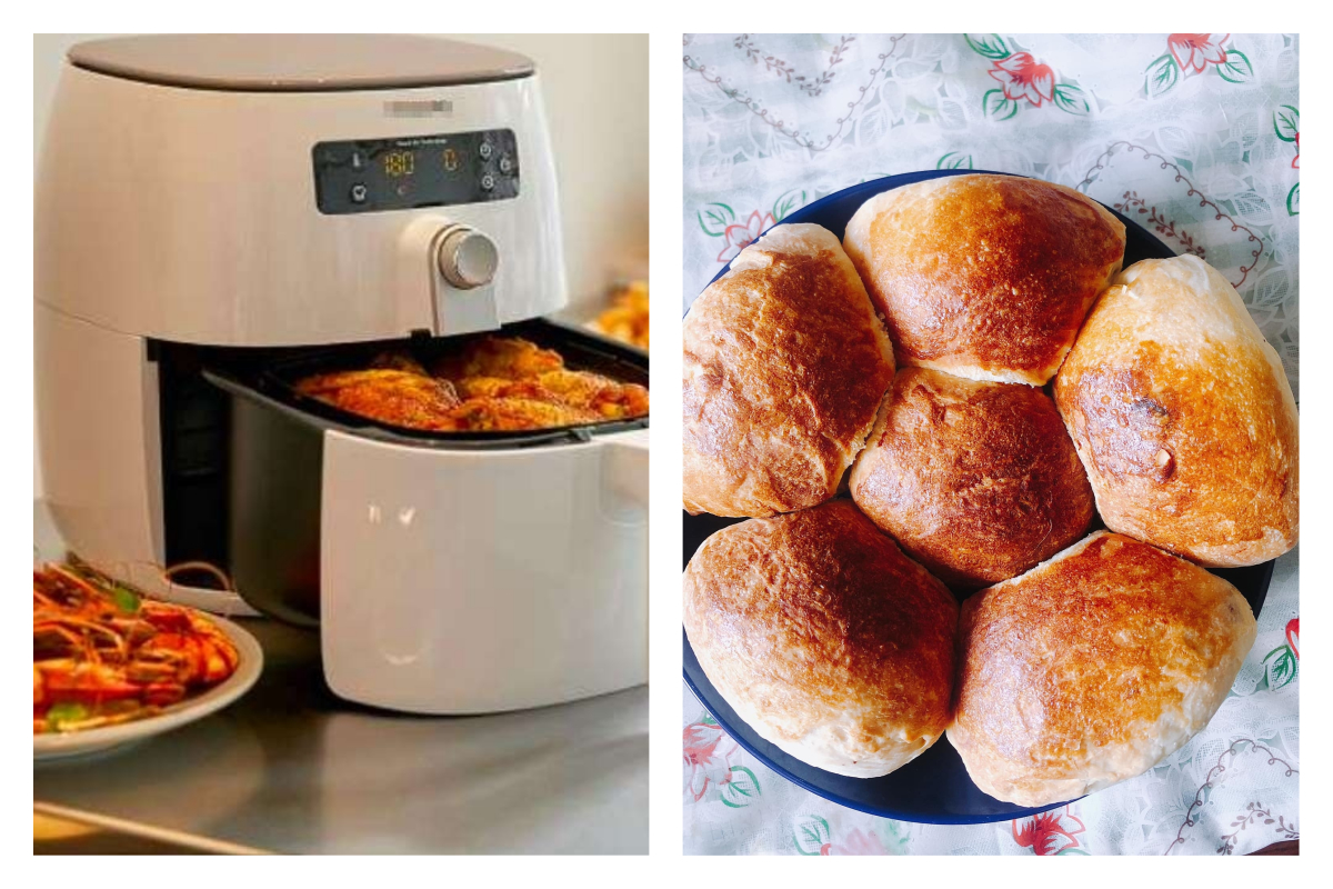 ▲一名女網友在臉書社團《廚藝公社》分享利用氣炸鍋做麵包，並附上食譜，貼文讓近 3 千名網友看完不禁嘖嘖稱奇。（合成圖／翻攝自 carousell 、臉書《廚藝公社》）