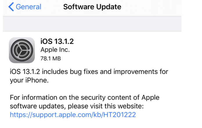 ▲蘋果今日發布了iOS 13.1.2供用戶下載。（取自蘋果）