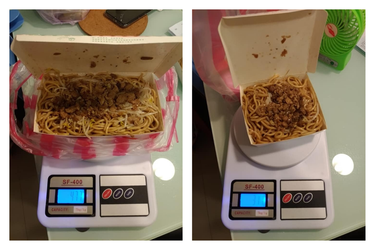 ▲一名男網友在臉書社團《爆廢公社》表示，在小吃店買了大小份量的炒麵回家秤重，卻發現小份的比大份划算許多，貼文讓全場戰翻，卻有網友反曝超佛心真相。（圖／翻攝自爆廢公社）