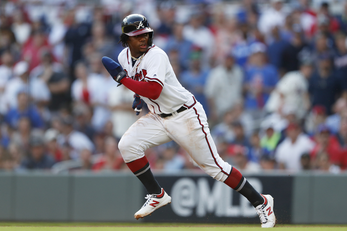 勇士隊小將Ronald Acuna Jr.再度出現跑壘不積極的狀況。（圖／美聯社／達志影像）