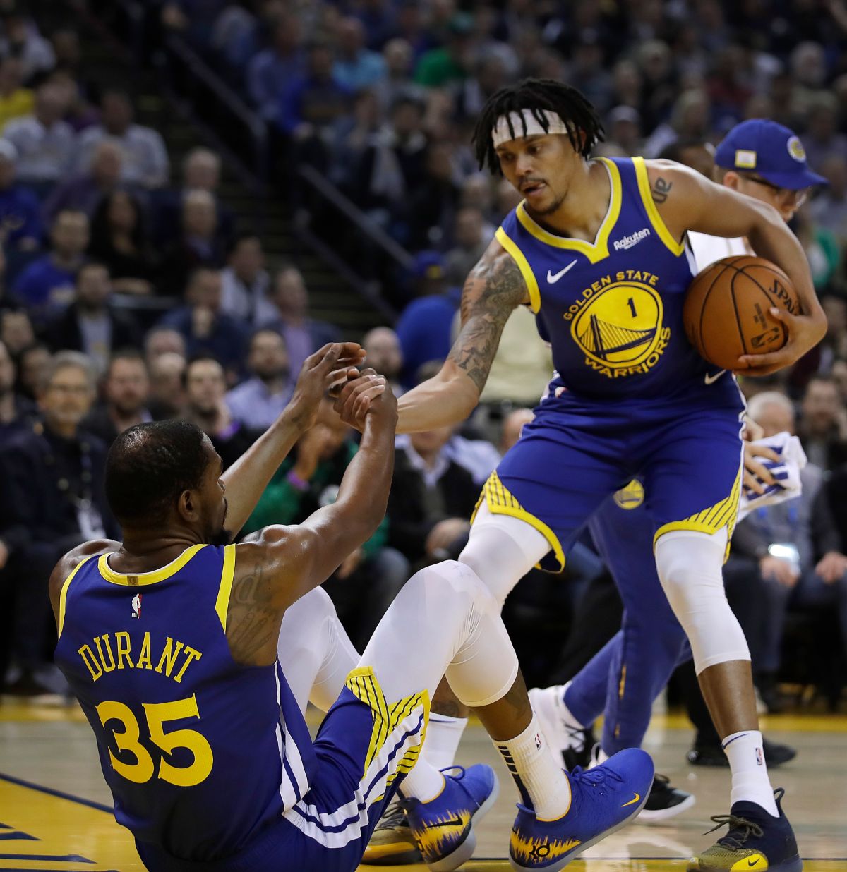 ▲Damion Lee(左)上季效力勇士和大舅子Stephen Curry、Kevin Durant(右)當隊友。（圖／美聯社／達志影像）