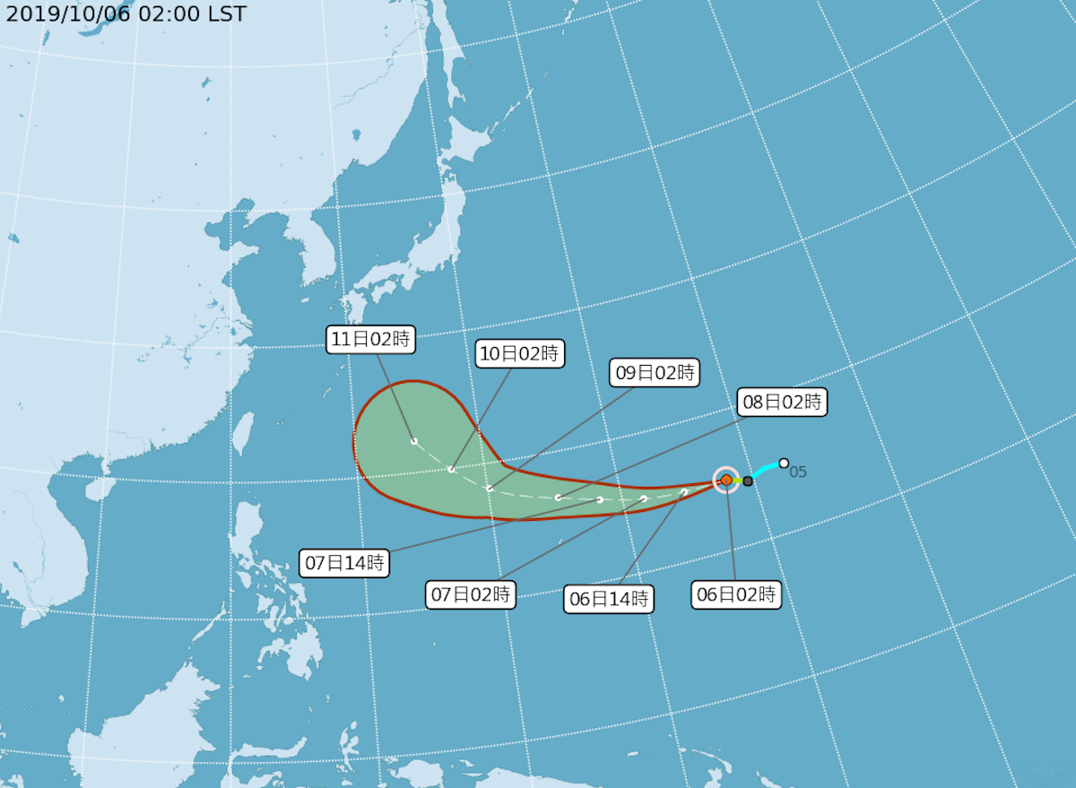 ▲原先位於關島東方海面的熱帶性低氣壓，已於今日清晨 2 時增強為今年編號第 19 號的輕度颱風「哈吉貝」。（圖／中央氣象局）