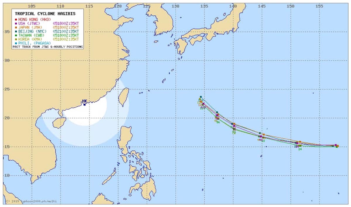 ▲根據歐、英、美各國系集預報路徑顯示，哈吉貝颱風未來 72 小時的路徑，將穩定以西北西方向朝琉球那霸的海面前進。（圖／翻攝自賈新興臉書）