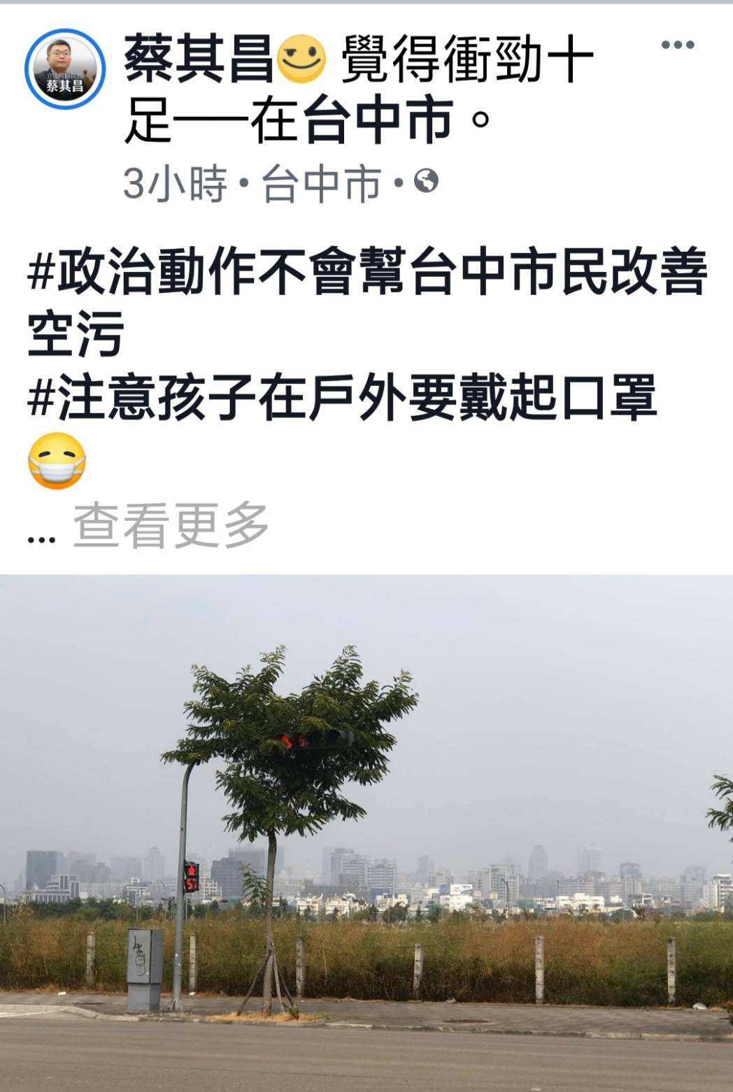 ▲立法院副院長蔡其昌透過臉書表示，政治動作不會幫市民改善空汙 (圖／柳榮俊翻攝2019.10.7)