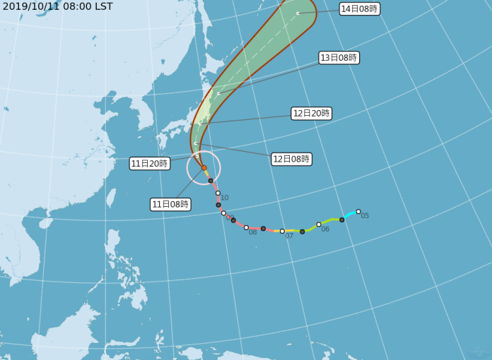 ▲第19號颱風哈吉貝夾帶強烈風雨，今（11）明日將影響日本。（圖／中央氣象局提供）