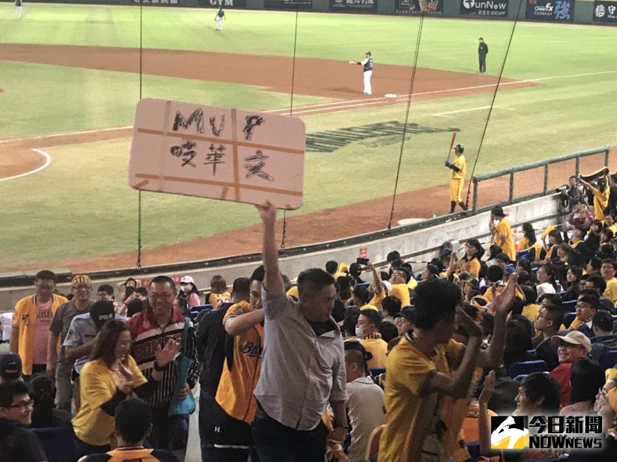 ▲中華職棒總冠軍賽現場觀眾不滿裁判判決，高舉標語抗議。（圖／記者雷明正攝影）