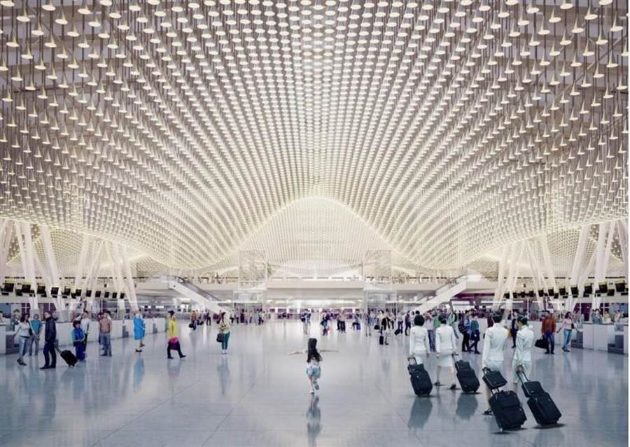 ▲桃園國際機場第三航廈研擬將捨棄波浪屋頂與玻璃天窗的設計，至於另一特色「雲頂天花」則將保留其設計概念。（圖／桃園機場公司）