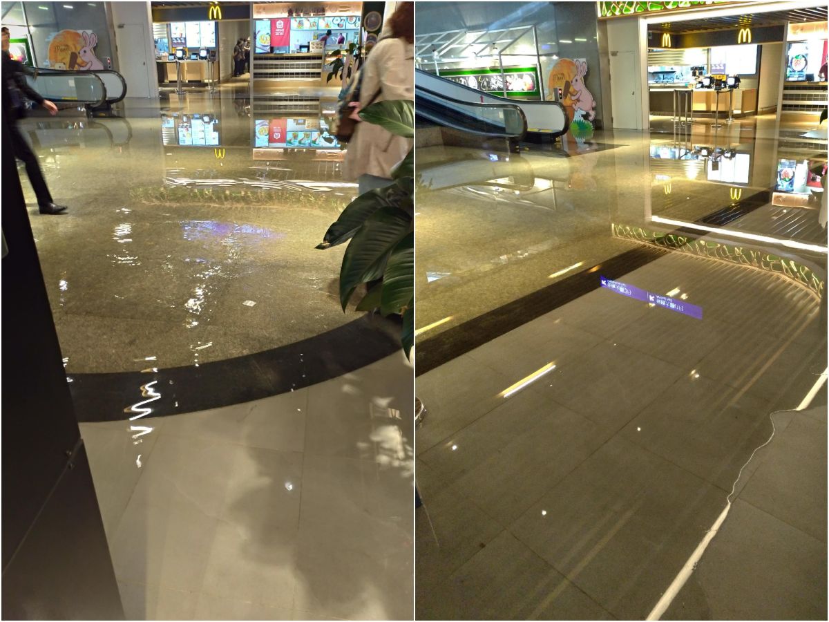 ▲桃園機場第二航廈美食街今（ 19 ）日上午 6 時許出現積水，桃園機場公司回應，是因美食街業者自設之相關設施故障所導致。（圖／翻攝自PTT）