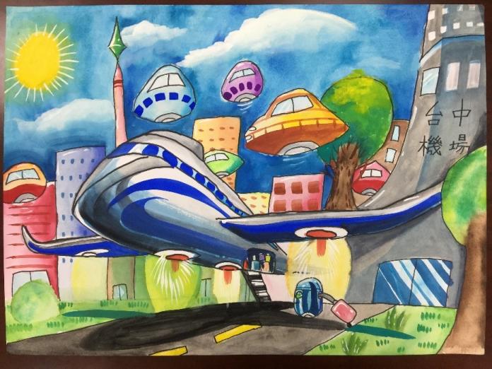 ▲「2050台中樣貌」繪畫競賽，小學生畫出未來的台中有飛天車。 (圖／市政府提供2019.10.21)