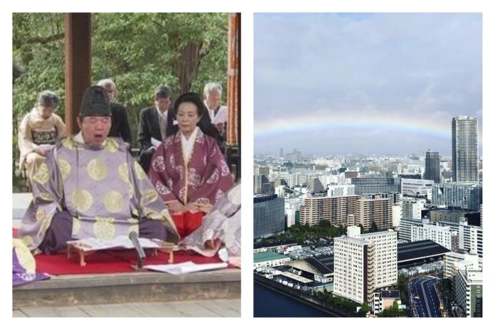 ▲昨（ 22 ）日是日本天皇即位大典，日本許多民眾紛紛在推特上傳雨過天晴的彩虹照，認為是老天也捎來祝福。（圖／翻攝自推特）