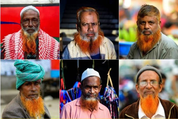 從火紅的紅色到鮮豔的橘色，橘鬍子儼然成了孟加拉首都達卡（Dhaka）最時髦的象徵。（圖／法新社）