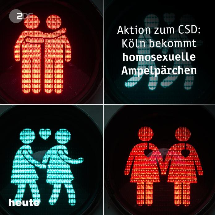 為迎接歐洲50年來最大規模遊行，科隆市政府把遊行路線的行人紅綠燈換成LGBT圖案，以示支持。（翻攝自ZDF heute推特）