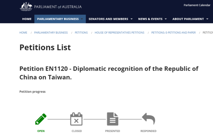 ▲近日有澳洲人民向該國議會發起承認台灣的請願書。（圖／翻攝自澳洲議會官網）