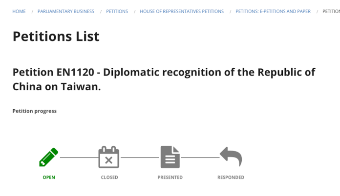 ▲澳洲民眾向澳洲國會網站請願，要求澳洲政府給予中華民國正式外交承認。（圖／翻攝自澳洲眾議院請願網站aph.gov.au,）
