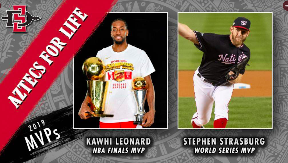 Stephen Strasburg與 Kawhi Leonard都是聖地牙哥州立大學校友。（圖／取自＠GoAztecs推特）
