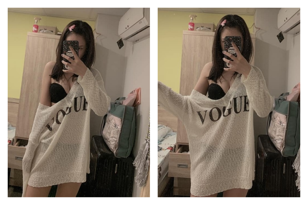 ▲斜肩上衣因尺寸不合，露出半邊美胸，女網友詢問大家「該怎麼辦？」留言全都歪樓。（圖／翻攝自爆廢公社二館）