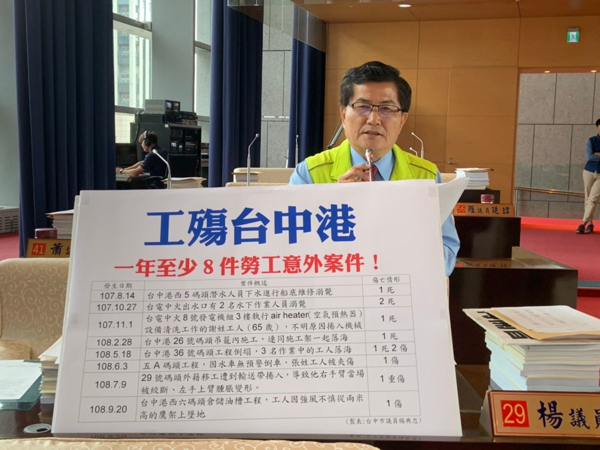 ▲議員楊典忠指出，台中港區或碼頭工作勞工幾乎都是台中市民，市府應該重視市民勞動環境安全 (圖／柳榮俊攝2019.11.4)