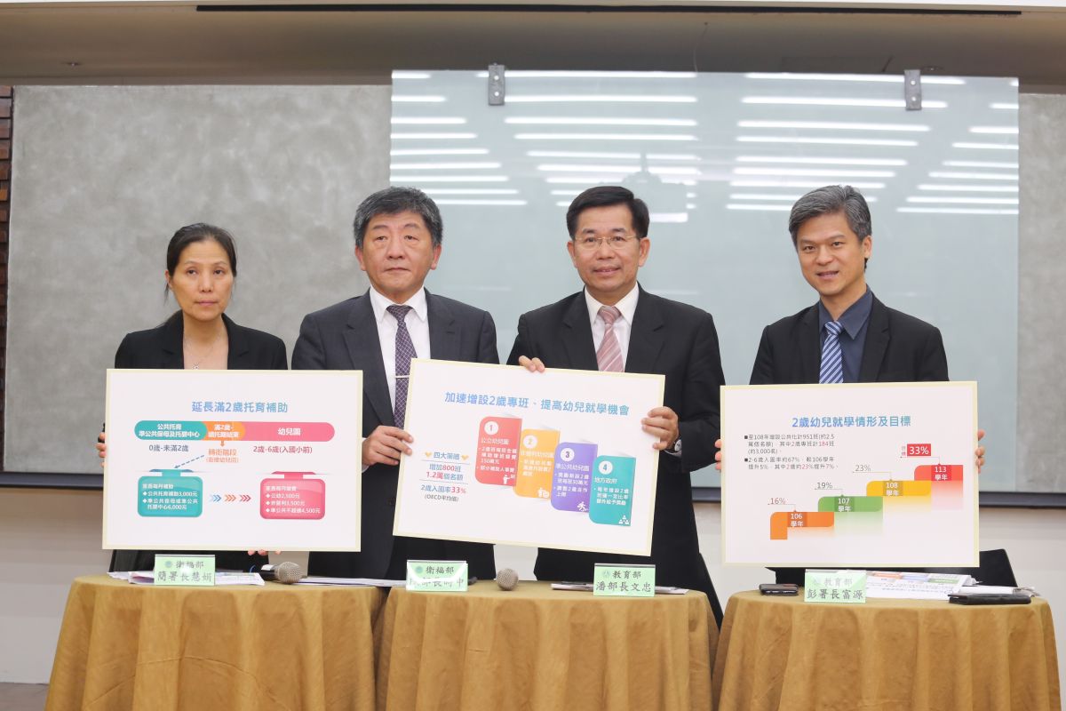 ▲衛福部與教育部今（7）日召開聯合記者會，衛福部部長陳時中（左二）宣布，從明年1月起，滿2歲幼兒續留公共托育、準公共保母或準公共托嬰中心時，將會持續給予托育補助。（圖／教育部提供）