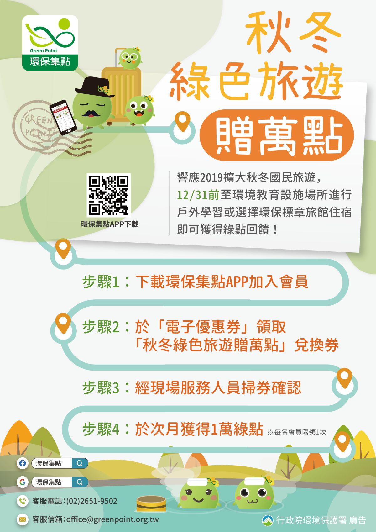 ▲環保署為響應2019擴大秋冬國民旅遊，自10月1日起加碼推出「出去走走 ‧ 秋冬綠色旅遊贈萬點」方案。（圖／環保署提供）