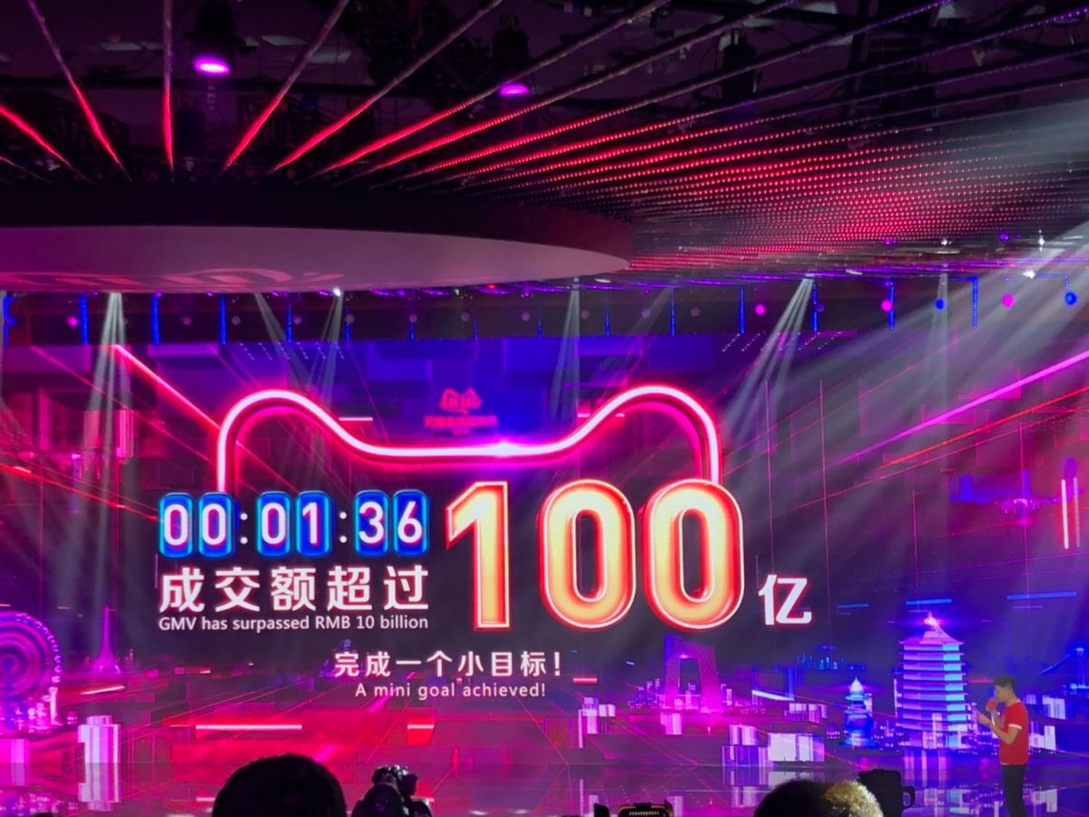 ▲2019天貓雙11全球狂歡節達到100億人民幣時間為1分36秒。（記者趙毓琪攝）