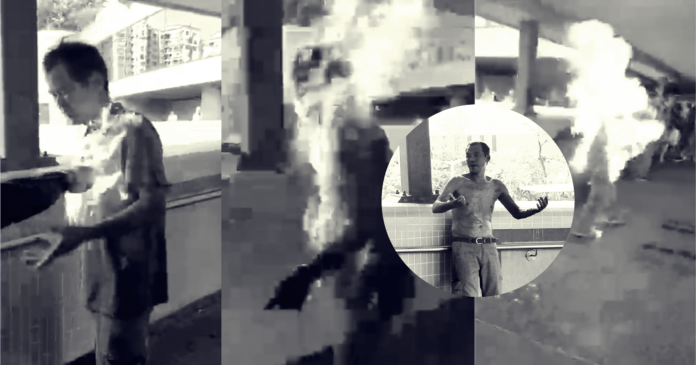 ▲香港馬鞍山一名中年男子與示威者起衝突，遭淋液體全身起火。（圖／翻攝立場新聞）