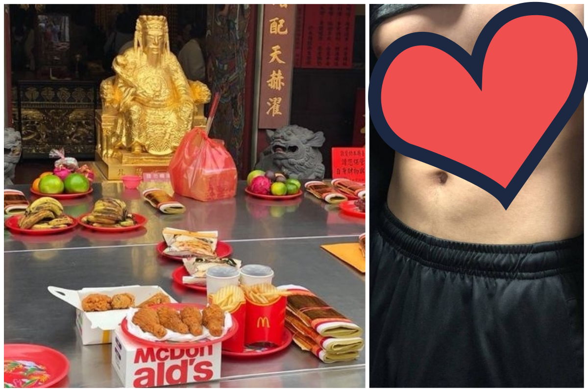▲拜月老時，學長把炸雞跟炸「肌」一起帶去了。（合成圖／翻攝自 Dcard ）