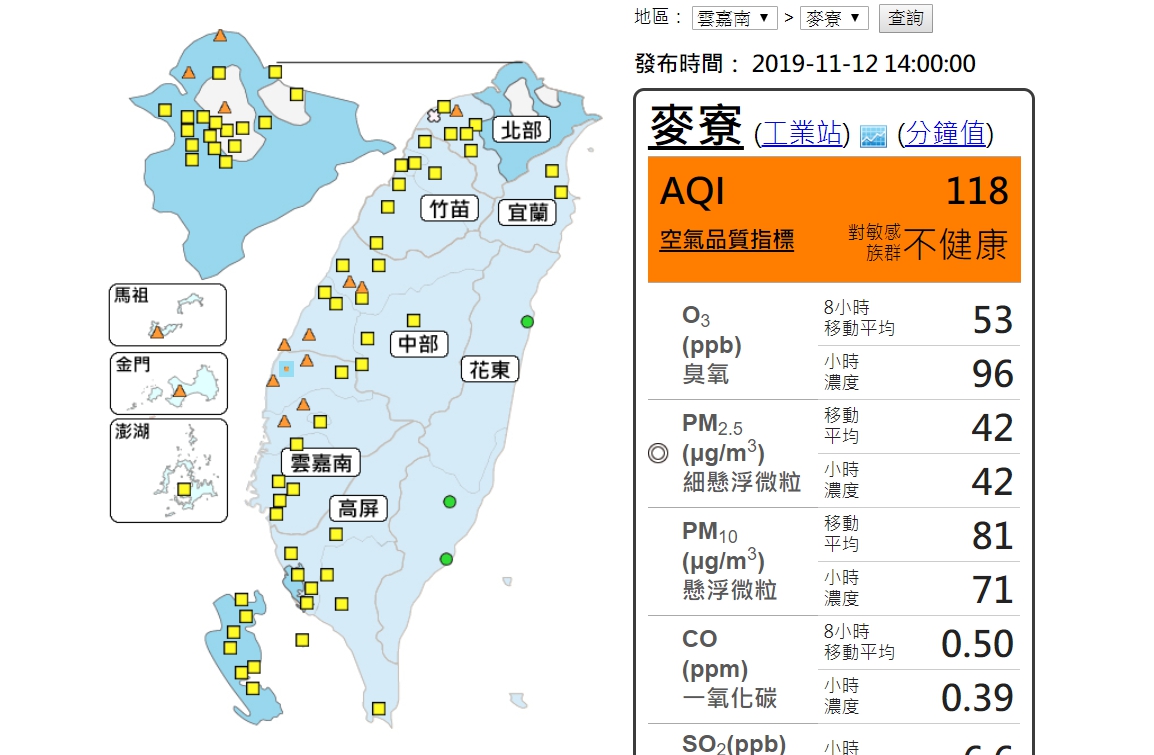 ▲由於位於背風處，中南部今（12）日空氣品質不佳。（圖／翻攝自空氣品質監測網）
