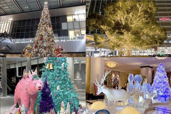 為營造冬季聖誕氣氛，除了日本名古屋車站前佈置各式聖誕裝飾，名古屋大廈前超壯觀巨大聖誕樹也是焦點之一 （圖取自推特名古屋グルメ探偵）