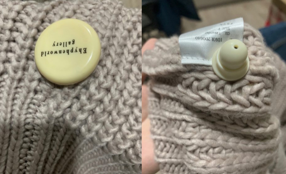 ▲網友買服飾，回家竟發現「防盜扣」店員忘記拆。（圖／翻攝PTT）