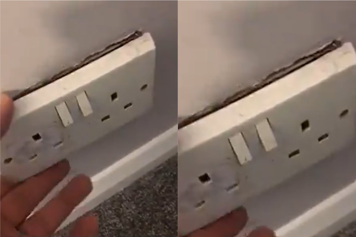 ▲住進二手屋後，某個插座一直都沒電，水電師傅一看才揭穿真面目。（合成圖／翻攝自 @darrensteels 推特）