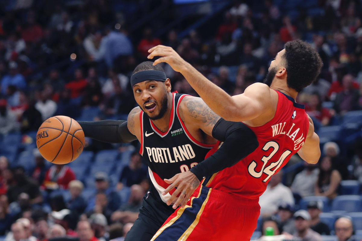 Carmelo Anthony的拓荒者首秀。（圖／美聯社／達志影像）