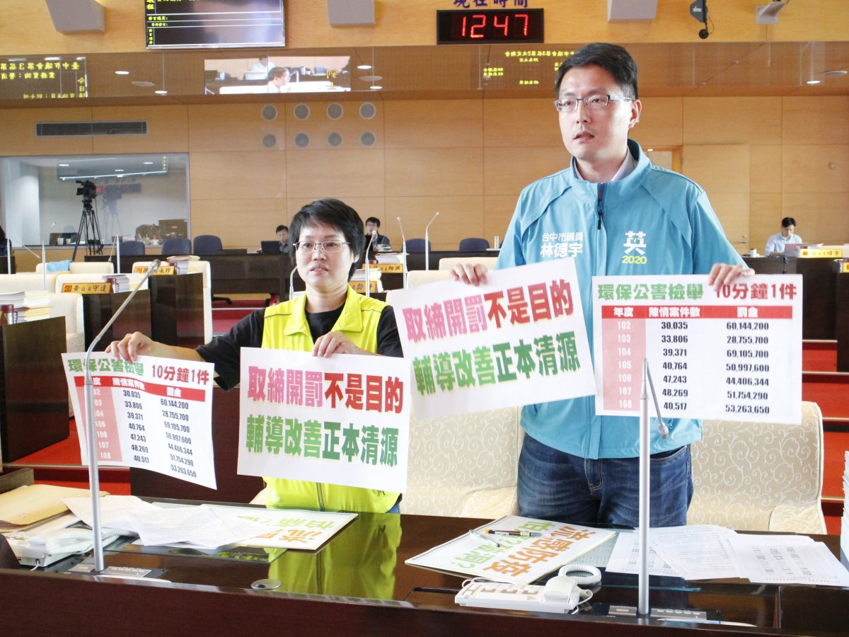 ▲議員張玉嬿、林德宇質詢指出，環保公害檢舉數量，近二年平均四萬八千件，約每十分鐘一件，要求加強輔導改善違規，正本清源抑制污染擴大。 (圖／柳榮俊翻攝2019.11.20)