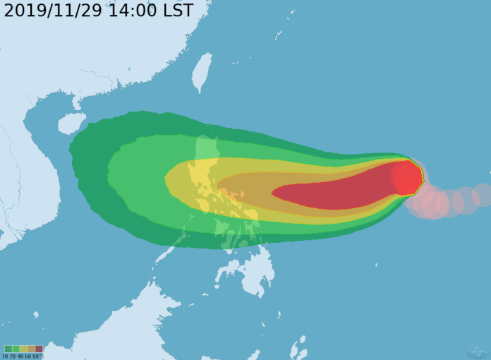 ▲北冕颱風預估下周一、二達到強度巔峰，路徑往西朝菲律賓前進，短時間內對台灣天氣沒有影響，但外圍水氣下周四將影響台灣天氣。（圖／中央氣象局）
