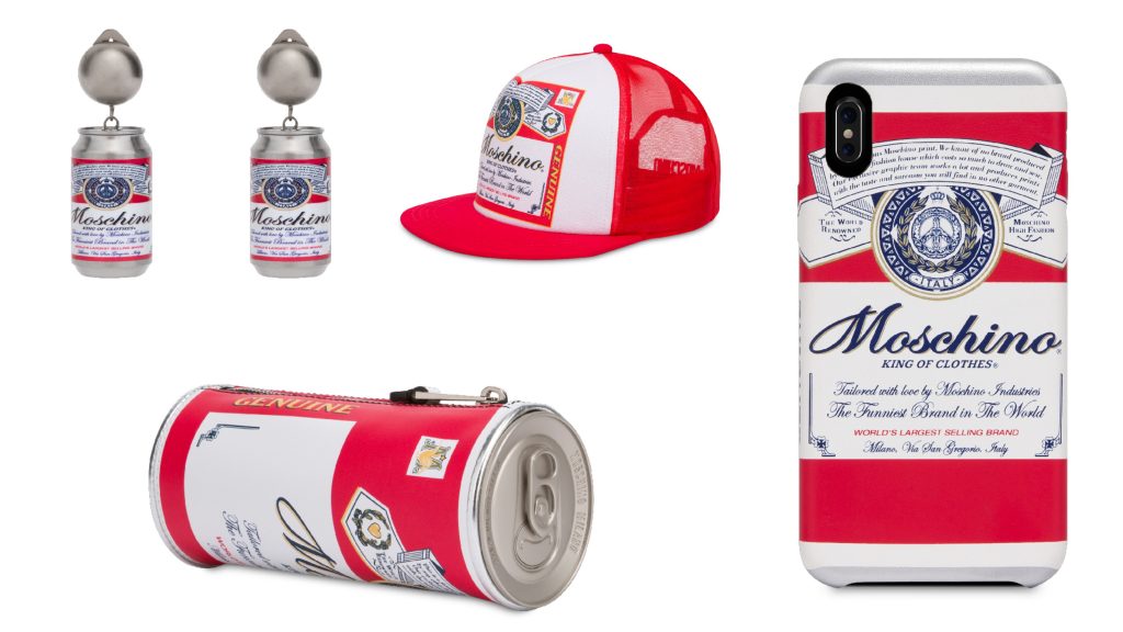 ▲限量版 MOSCHINO x Budweiser，由左至右：耳環未定價，啤酒罐造型手拿包 NT$19,500，棒球帽 NT$5,300，手機殼 NT$3,500。（圖／MOSCHINO）