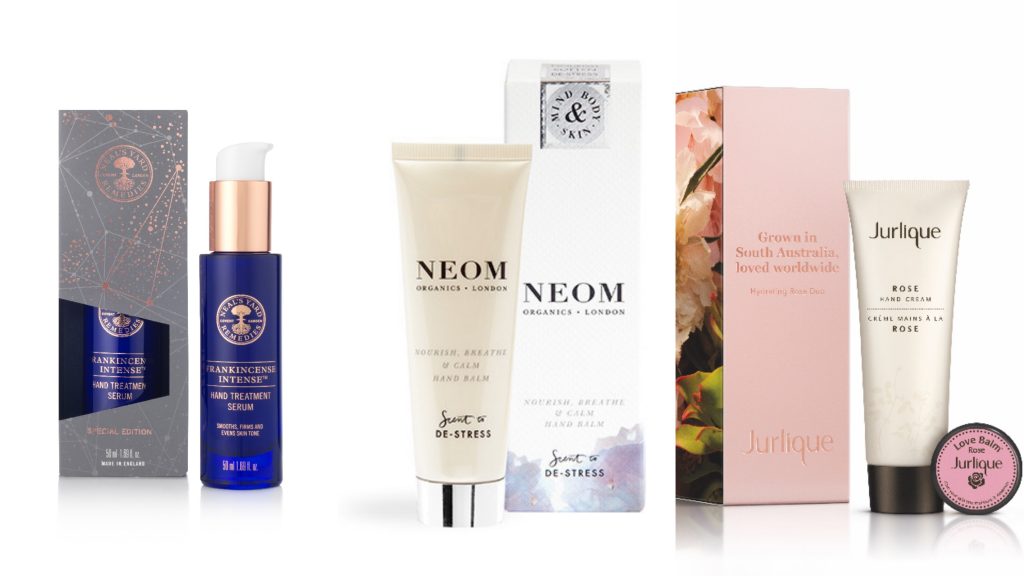 ▲尼爾氏 乳香緊緻手部菁萃聖誕限定版 50ml NT$1,450、NEOM 皇家奢華護手霜 50ml NT$780、Jurlique 2019 柔嫩玫瑰禮盒 NT$1,950。（圖／尼爾氏、NEOM、Jurlique ）