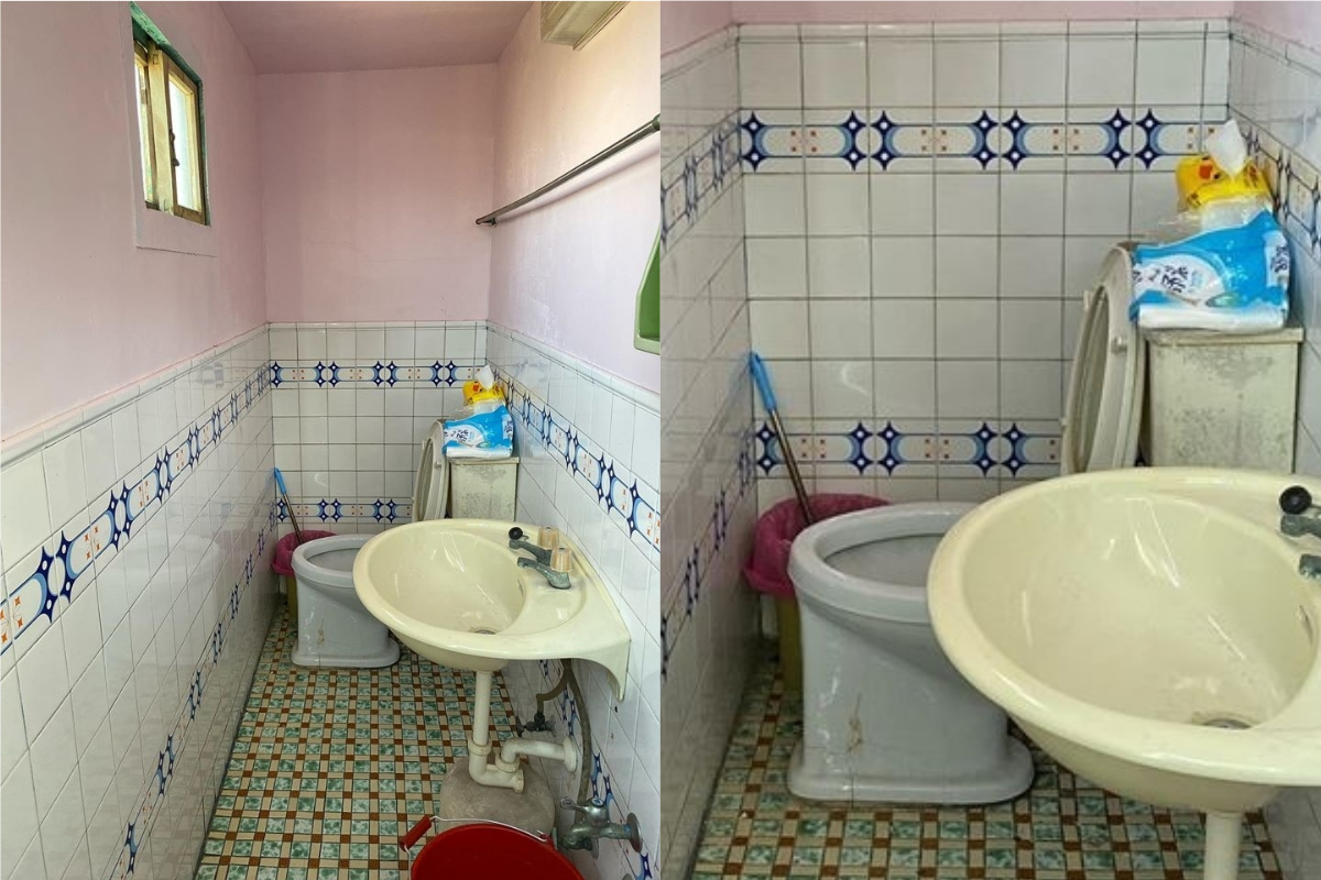 ▲老家馬桶座與牆壁間的超狹窄距離，讓人妻上廁所相當不便。（合成圖／翻攝自爆怨公社）