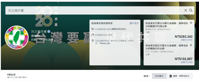 ▲Fcebook廣告資訊透明化，民進黨11月投入廣告費用高達26萬。（取自臉書）