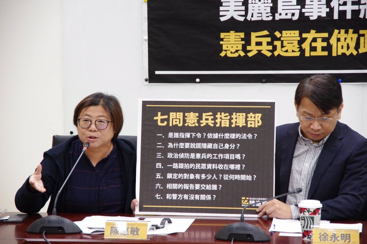 ▲時代力量舉行「美麗島事件將屆40週年 憲兵還在做政治偵防」記者會，質疑憲兵進行政治跟防。（圖／時力提供, 2019.12.5）