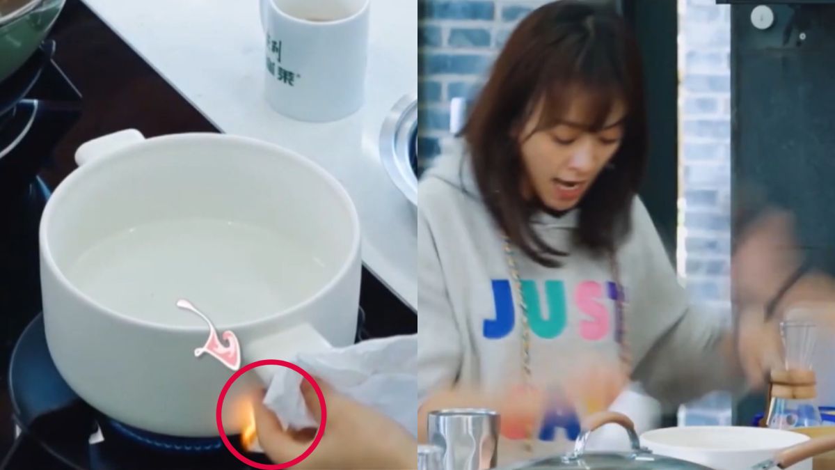 ▲陳意涵在節目中下廚，一個恍神險釀火災，把老公許富翔嚇壞。（影片截圖）